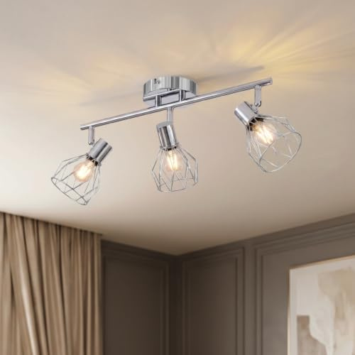 ANWIO Kitchen Lights Ceiling,3 Way Silver Industrial Ceiling Light-Adjustable SpotLights Ceiling Lights,Light Fittings Ceilings,Ceiling Lights Living Room,Wall Lamp (E14 Base,NO Bulbs)