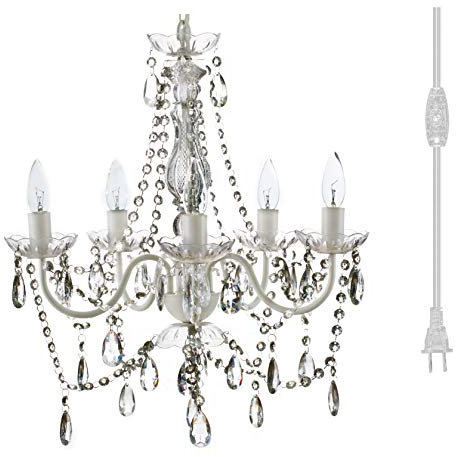 gypsy color The Original Brink House Plug-in 5 Light Crystal White Hanging Swag Chandelier H21”xW19”, White Metal Frame with Clear Glass Stem and Acrylic Crystals