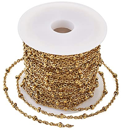 Craftdady 5 m/rulle gyllene satellitkedja kors kabelkedjor med 3 mm runda pärlor lödda rostfritt stål länkar för gör-det-själv smycken och armband halsbandstillverkning