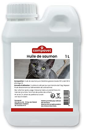 Compavet Huile de Saumon 1 L - pour Chiens et Chats - Source d'Oméga 3 - Beauté du Pelage - Brillance des Poils - Santé de la Peau - Confort Cardio-vasculaire - Développé en France