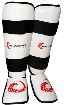 Kids Champion Shin Guards, with Instep Pads and Foot Protection, Phoenix Fight Gear Mixed Martial Arts Shin Guards for Kids, Youth shin Guards for MMA Training, Muay Thai (White, Small)