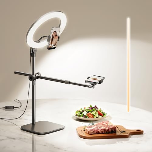 Telefonmontering över huvudet, kameramonteringsstativ [skakande] med 10,5 tums ringlampa, skrivbordsstativ för iPhone med ringlampa för videoinspelning, zoommöte, YouTube, TikTok