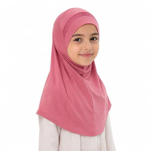 Yaqeen Foulard instantané pour fille Hijab Al Amira avec bordure pailletée, écharpe prête à l'emploi, idéal pour toute occasion école/crèche, rose, Taille unique
