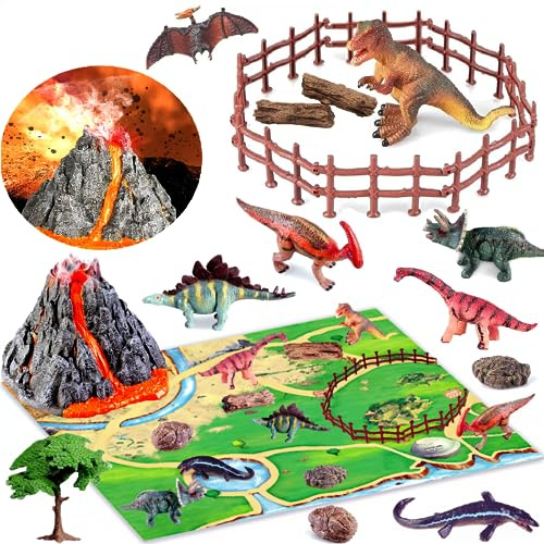 Boderam Dinosaure Volcano Figurine Jouet avec Tapis de Jeu, éducatif réaliste Dinosaure Figurine avec Volcan, Pierre et Arbre Dinosaure Monde Jeu Set Party Cadeau pour Les Enfants garçons et Filles