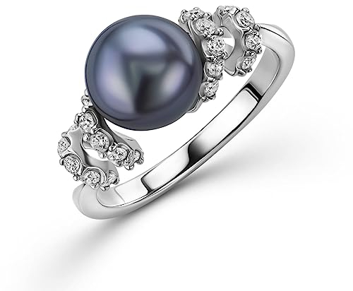 OROVI Damen Ring | 925 Sterling Silber | mit schwarzer Süßwasser-Zuchtperle von 8mm und 22 Zirkonias | hautfreundlicher Perlen Verlobungsring Silber | nachhaltiger, handgemachter Damen Schmuck