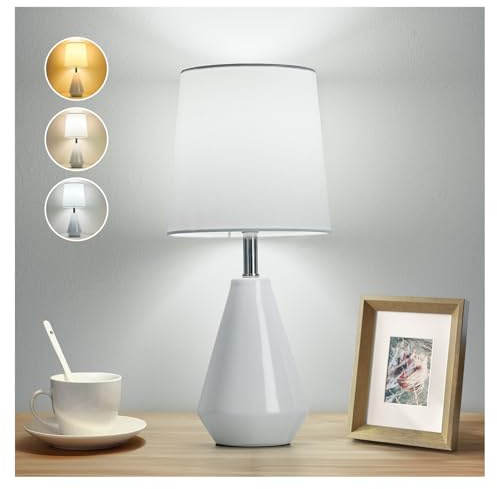 bdayanx Small Bedside Table Lamp for Bedroom - Reading Desk Lamp with 3 Color Temperatures，15.5 Nightstand Ceramic Lamp with Fabric Shade for Kids Room,Living Room,Dorm,Home Office (White)