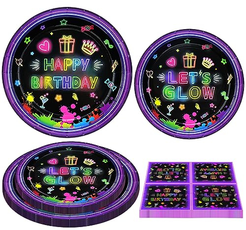 120 Pack Neon Birthday Party Decorations - Glow in The Dark Supplies, Colorful Graffiti Decoration, Black Light Tableware Set With Plates, Napkins - Serves 40