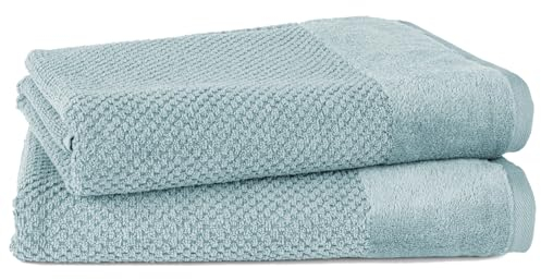 Pure Label 2-TLG. Badetücher Set mit Anhängeschlaufe aus 100% Baumwolle, saugstark, weich und Oeko-TEX Zertifiziert - 2 Badetücher aus Baumwolle 70x140 cm, Blau - Helltürkis
