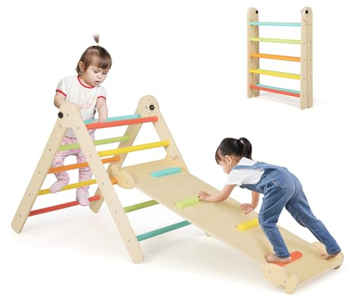 COSTWAY 4 en 1 Triangle d’Escalade Montessori Pliable avec Rampe Double Face, Échelle d'escalade Triangulaire en Bois de Pin avec Hauteur Réglable, Charge 60kg pour Enfants de 3 Ans+ (Coloré)