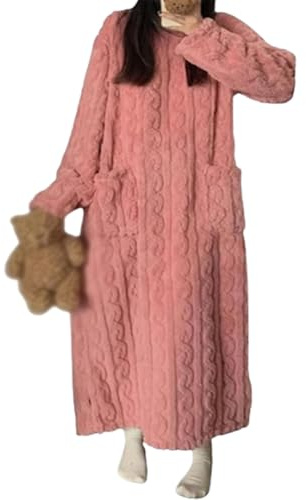 QKCQQTS Vestiti per la casa in Velluto Corallo Invernale, Camicia da Notte in Velluto Corallo da Donna, Vestaglia da Notte per la casa Invernale Autunnale (L(140cm),Pink)