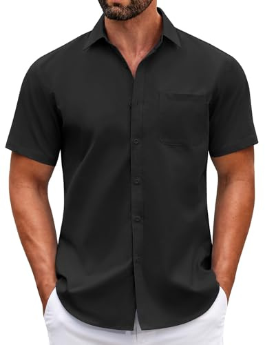 COOFANDY kortärmad skjorta män sommar casual affärsskjortor normal passform button down basic skjortor skjorta med ficka, svart, M