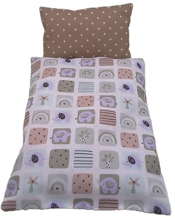Handmade Puppenbettwäsche wendbar, aus Baumwolle – Zwei Designs in einem, Decke 36h x 27b, Kopfkissen 16h x 22b in cm