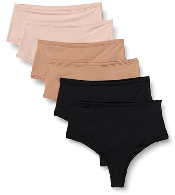 Amazon Essentials Strings en Microfibre (String Ficelle et String Taille Haute) Femme, Lot de 6, Bronze Lavé/Noir/Pétale Clair, 48