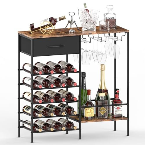 YBING Étagère à vin à 5 étages - Étagère à vin autonome avec plateau de table et support pour verres à vin - Étagère à vin industrielle avec tiroir en tissu - Rangement pour cuisine, bar, marron et