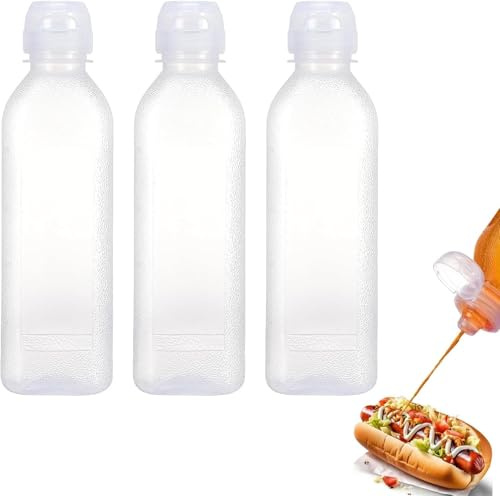 GIUSOBG Squeeze Bottle 3 Piezas Botella de Plastico para Salsas 300ML Botella Exprimible Aceite de Plastico Dispensador Transparente Biberones de Cocina con Tapa para Condimentos, Mostaza, Mayonesa