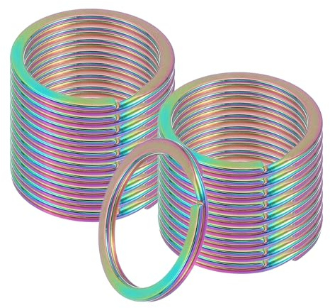 sourcing map 20pcs Split Keychain Rings, 30mm Round Flat Keyrings Stainless Steel Open Key Chain Ring Dog Tag Rings for DIY Keychain Craft Lanyard, 2mm Thick, Rainbow