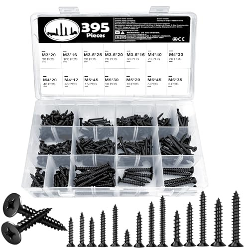 395 Pcs Self-Tapping Screw Set, Including M3, M3.5, M4, M5, and M6 Phillips Cross Head Countersunk Black Screws for DIY & Repairs