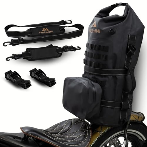 MALIHINI Motorrad Tasche für Sissybar & Gepäckträger [ Rückenlehne + MOLLE ] 50L, Wasserdichter Dry Bag für Motorradfahrer | Seesack und als Rucksack | Camping & Bikepacking Gepäcktasche