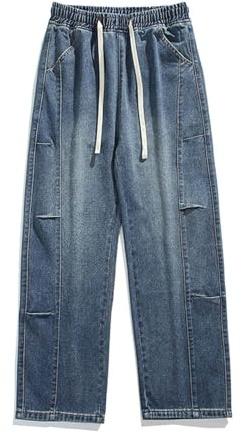 Generisch Pantalones vaqueros anchos para hombre de corte holgado, pantalones de patinador informales con goma elástica y cordón | Pantalones vaqueros relajados para un look urbano, Style_j01 Blue, XL