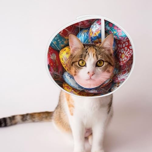 Qewfoju Easter Eggs Print Cat Cone Collar Cats Neck After Surgery to Stop Licking and Scratch Cone Lightweight Pet Head Cones for Cats