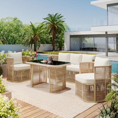 DHHU Ensembles de mobilier de terrasse, Salon de Jardin en polyrotin, canapé d'angle modulable résistant aux intempéries, Ensemble de sièges en rotin tressé avec Coussins (Blanc-O, 5 Places)