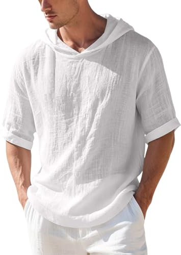 Camisa de algodón y lino para hombre, camiseta de manga corta, cuello con capucha, ropa informal, color liso, ajuste holgado, estilo playa, color blanco, blanco, XXL