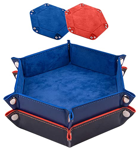 SIQUK 2 Stück Würfelbretter Doppelseitig Würfelbrett, Samt Faltbar Würfeltablett Hexagon Würfelteller Leder Würfelbretter für RPG DND Dragons Würfel Gaming(Königsblau, Orange)