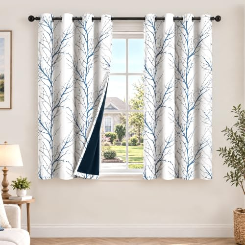 FMFUNCTEX Thermal Blackout Eyelet Curtains Bedroom 54 Inch Drop Blue Grey | Room Darkening Window Curtains 2 Panels for Living Room, Blue on White Tree Branch Pattern Drapes, Noise Reducing, 52W x 54L