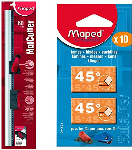 Maped - MatCutter Kit pour l'Encadrement avec Règle en Aluminium de 60 cm et 2 Cutters de 45° et 90° Outils de Coupe & Lames de Cutter à 45° Coupe en Biseau - Boîte de 10 Lames de Cutter de Rechange