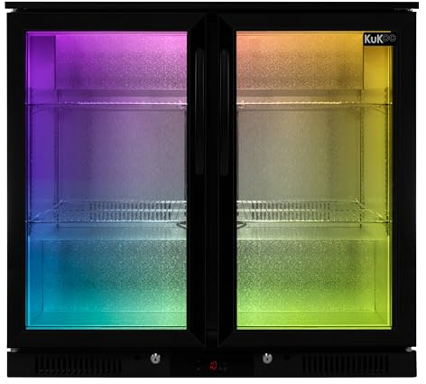 Back Bar Fridge Cooler 208L Capacity Commercial Hinged Double Door Self Closing Under Counter Black Chiller 112 x 500ml Bottles Beer Wine 4 x Adjustable Shelves Colour Changing LED Lights 7 Colours