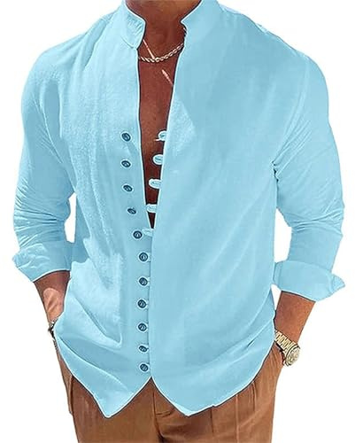 Puimentiua Chemise d'été légère en lin Henley pour homme - Manches longues - Avec col montant
