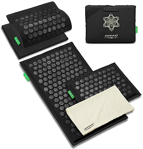 AyurMat Acupressure Mat and Pillow Set - Full Body Pro Kit for Stress Relief, Muscle Relaxation & Pain Relief - Natural Eco-Friendly Linen & Coconut Fiber Mat - Includes Carrying Bag (Black)