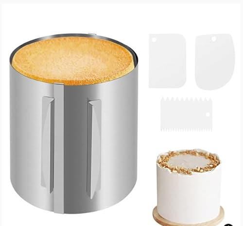 Hausdec Cake Ring Adjustable 6 to12 Inch Stainless Steel Crumpet Rings with Silicone Spatula,20cm Frost Form Cake Kit for Mousse Cake Baking Ring Tools