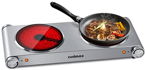 CUSIMAX Infrarot kochplatte 2er elektrisch herdplatte aus Glaskeramik Tragbares doppel kochfelder 1200W+1200W mit Temperaturregelung für Outdoor/Indoor Use, für alle Topfarten, Silber Edelstahl