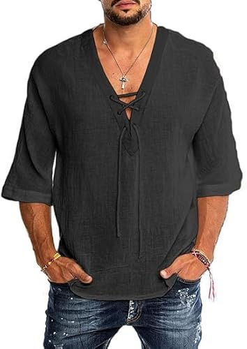 Runcati Camicia in lino, da uomo, a maniche corte, estiva, da uomo, per il tempo libero, con scollo a V, vestibilità larga, vintage, medievale, Nero , XL