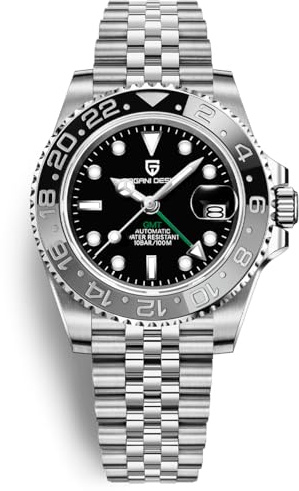 Pagani Design Herrenuhr Automatik Mechanische Uhr GMT Dual-Zeitzone Armbanduhren Edelstahl Zweifarbige Keramiklünette 100M Wasserdicht PD-1662 (Jubiläum Schwarz Grau)