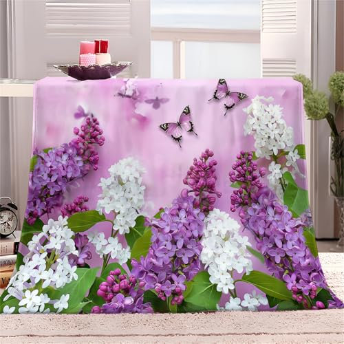 Fleece Blanket Throws king Size 180x200cm Fluffy & Warm Blanket for Bed, Versatile Soft Plant Purple White Lilac Flannel Blanket for Sofa Couch Purple Lightweight Cozy Throws for Travel