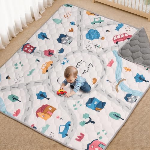 COMOMY Baby Play Mats 180x200 cm, Quilted Soft Padded, Greyish-White | Foldable Washable Playmat for Playpen, Anti-Slip Crawling Mat, Activity Matt for Babies, Toddlers and Kids