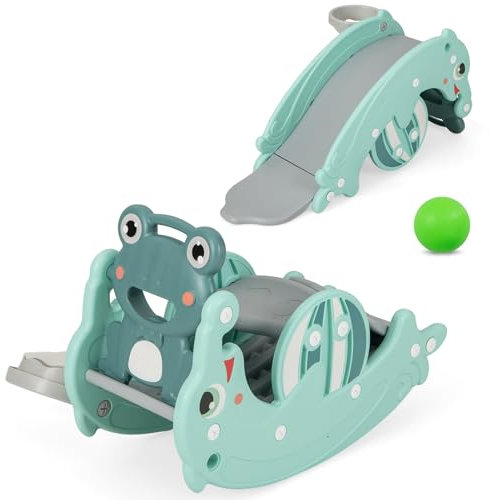 COSTWAY 3 in 1 Kinder Spielplatz, Kinderrutsche + Schaukelpferd+ Basketballkorb, freistehende Kinderrutsche mit Ball für Kinder ab 1 Jahr (Grün)