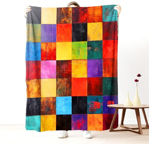 Pggong Gitter Patchwork Kuscheldecke 150x200 cm Kuschelig, Bunt Kariert Muster Decke Flauschig, Weiche Flanell Sofadecke, Graffiti Hippie Kuscheldecke Couchdecke Waschbar für Bett Sofa