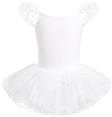 HIPPOSEUS Niña Tutu Vestidos de Ballet Maillot de Danza Gimnasia Leotardo Body Clásico para Niñas Body Traje de Baile,Y04-Lentejuelas Blanco,6-8 Años