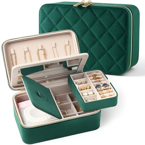 Lumayina Velvet Travel Jewelry Box with Large Mirror, Double-Layer Jewelry Organizer Case for Women and Girls, Portable Storage Case with 6 Anti-Tarnish Bags Gift Ready for Her (Emerald Green)