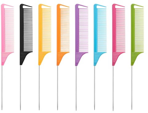 8PCS Rat Tail Comb Set,Stainless Steel Pintail Carbon Fiber Parting Comb,Pin Tail for Sectioning, Braiding, Styling,Anti-Static Durable (22.5cm,8 Colors)