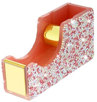 Buqoo Pink Bling Crystal Tape Dispenser, Sparkly Desktop Adhesive Tape Dispenser Cutter with Tape for Desk, Glitter Tape Holder Cutter Rhinestone for Office School