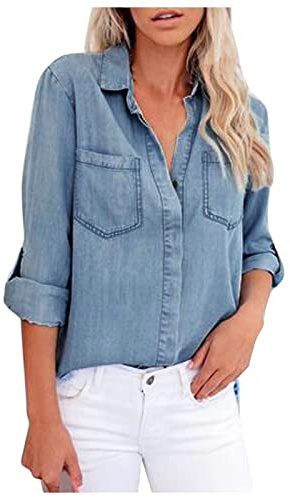 Blusskjorta damer elegant, jeansblus damer långärmad – denimskjorta blus revers sommarblus med knappslå ledig långärmad skjorta enfärgad damblusar traditionell blus mjuk jeansskjorta fritidsblus