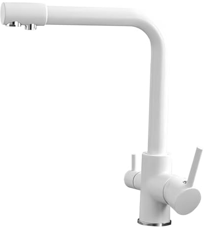 3 Wege Wasserhahn Küche, 360° Drehbar Küchenarmatur 3 in 1 Mischbatterie für Wasserfilter Messing Trinkwasserhahn mit 2 Hebel Wasserhähne für Warmes Kaltes Gereinigtes Wasser (Weiß)