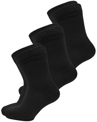 vitsocks Chaussette fine 98% COTON douce légère Enfant (3 PAIRES) garçon fille mi-mollet unie respirante pieds sensibles, lot 5: noir, 35-38