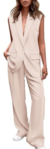 Completi da Donna in 2 Pezzi Gilet da Abito senza Maniche e Pantaloni a Gamba Larga Set Blazer Casual Business (Beige,Medio)