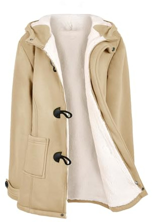 Nadeer Plüsch Jacken Für Damen Mantel Trenchcoat Kapuzenjacke Hornknöpfe Winter Parka Wollmäntel Winterjacke Fleece Hoodie Coat Pullover Kapuzen Wintermantel(Khaki,L)