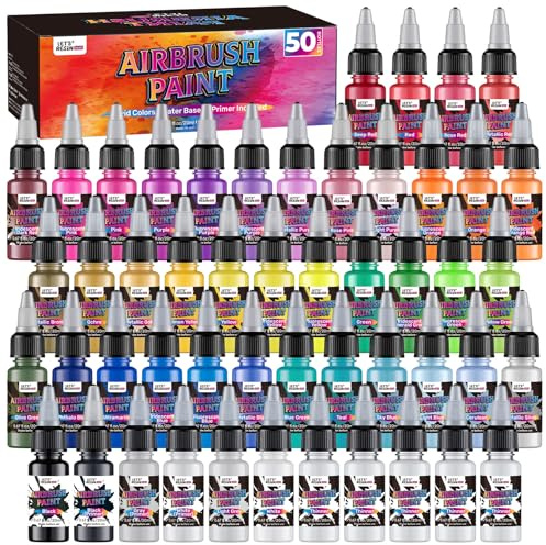 LET'S RESIN Airbrush Paint Set, 42 colors with 3 Primers & 5 thinners, Water-Based Opaque & Neon & Iridescent Acrylic Paints Ready to Spray for Metal, Wood, Canvas